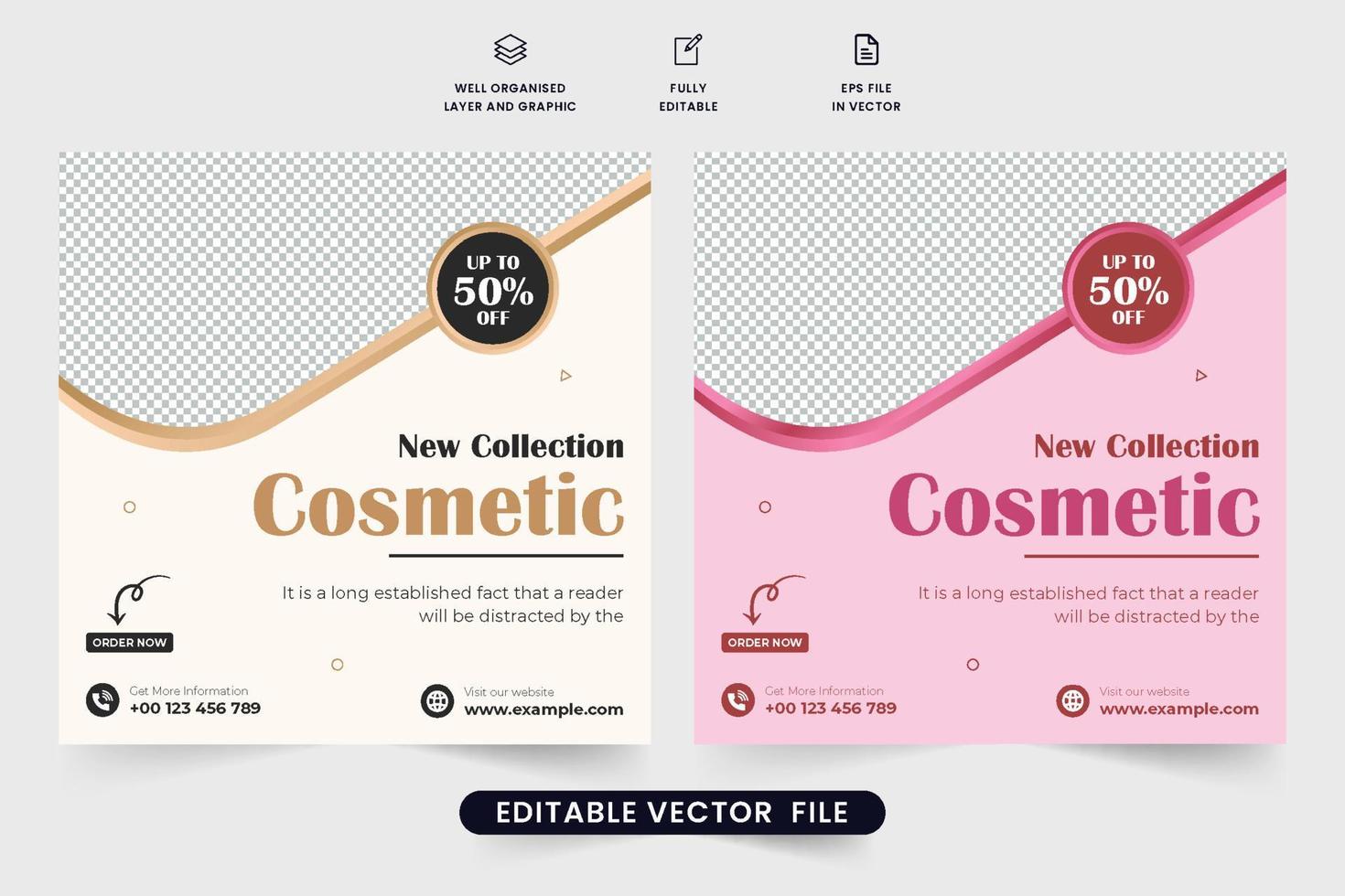 vector de plantilla de oferta de descuento cosmético con colores dorado y rosa. diseño de banner web de negocios de productos de belleza para la promoción de las redes sociales. plantilla de venta de productos para el cuidado de la piel para marketing.