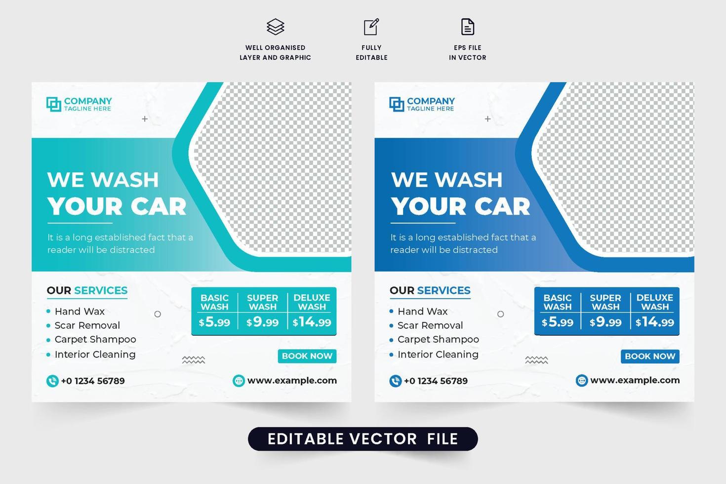 diseño de carteles de lavado de autos para marketing digital. plantilla de banner web de servicio de limpieza y reparación de vehículos con colores azul agua. plantilla de anuncio de negocio de limpieza de coches moderna con formas geométricas. vector