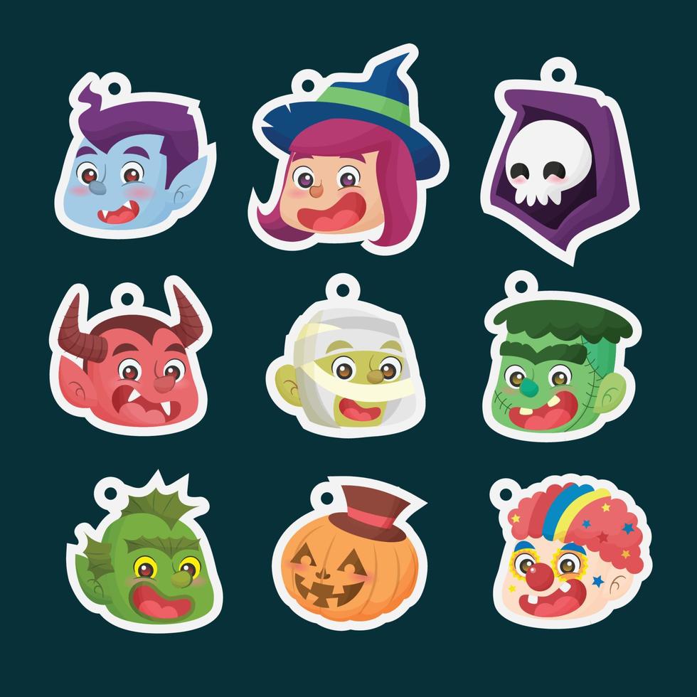 Halloween characters face stickers element cartoon hand drawn flat collection vector