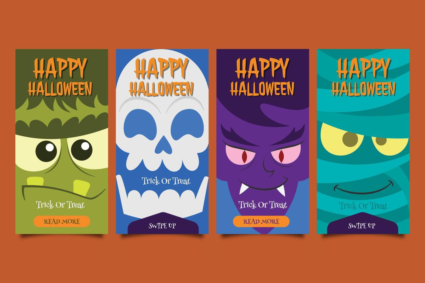 personajes de halloween historias de ig banner de dibujos animados plana dibujada a mano vector