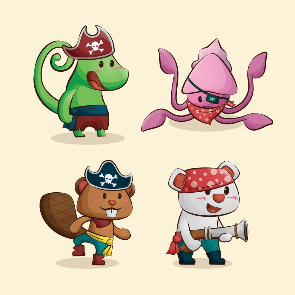 Cute pirate animal characters cartoon illustration collection vector