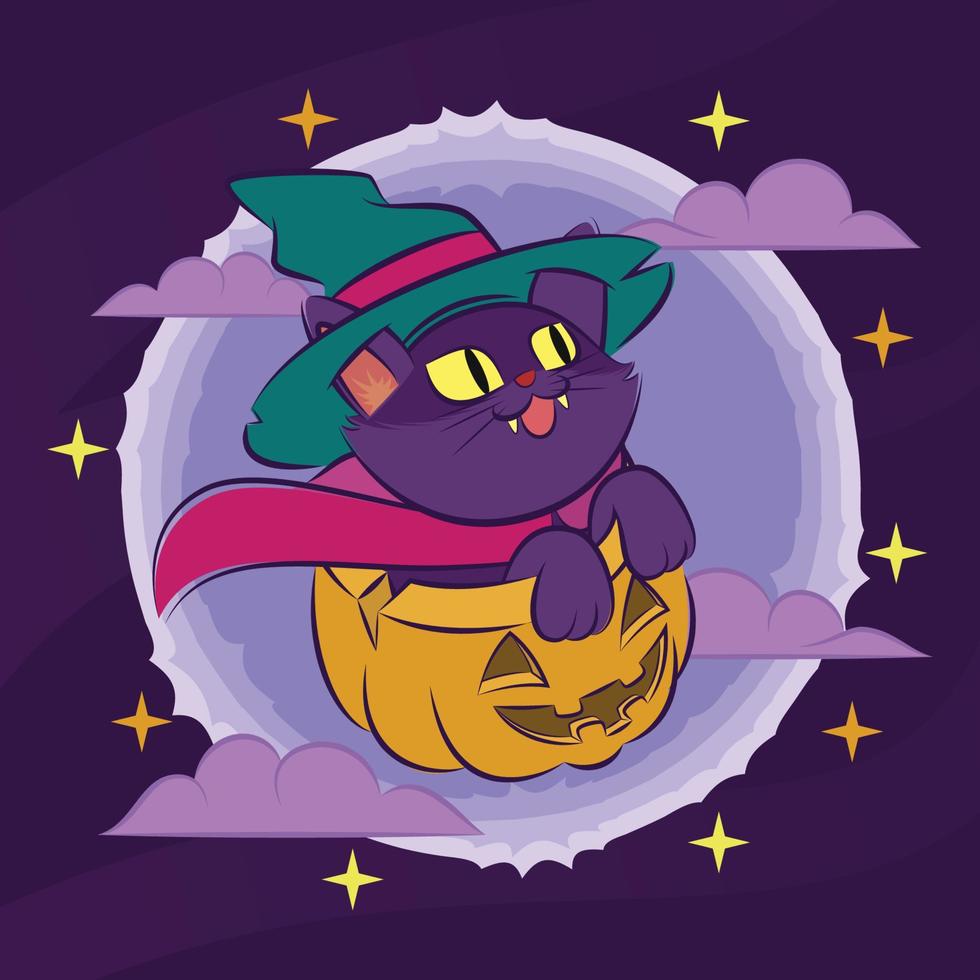 Halloween cartoon hand drawn background illustration cute witch cat vector