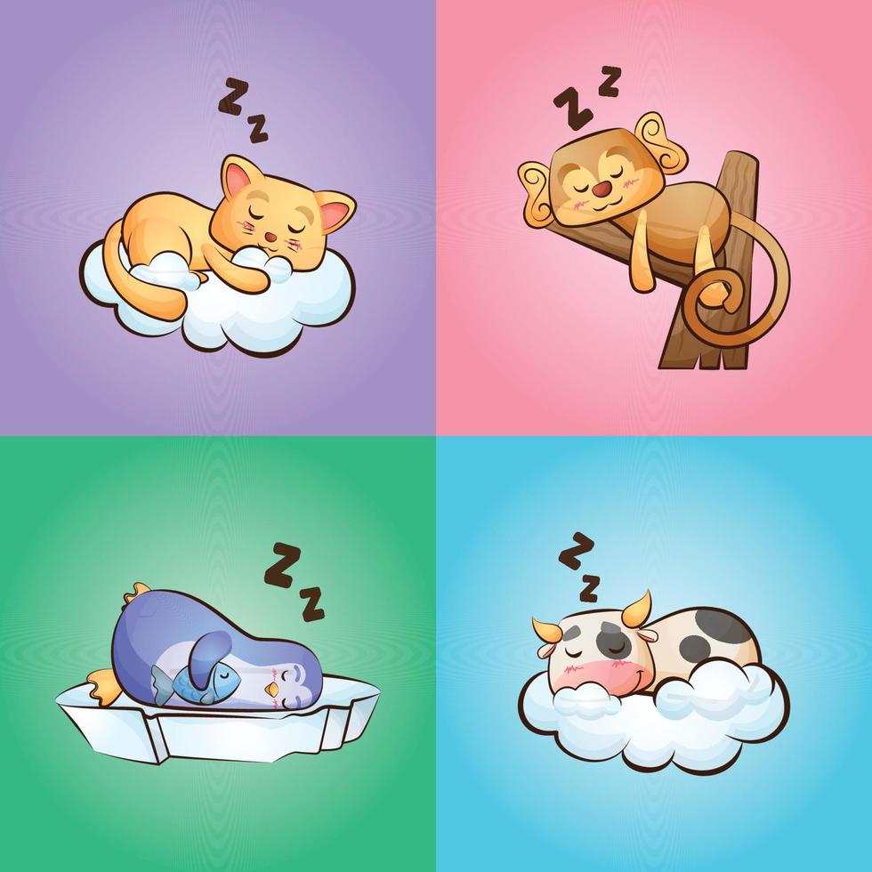 animales lindos gato mono pingüino vaca durmiendo dibujado a mano estilo de dibujos animados conjunto de ilustración vector