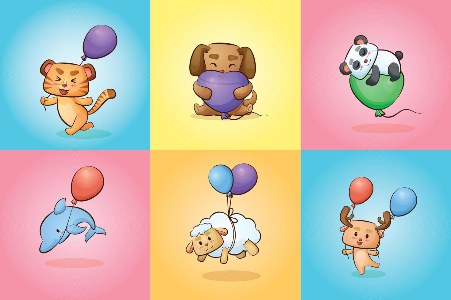 Cute animal cat dog panda deer goat dolphin tiger cartoon with party balloon illustration set vector