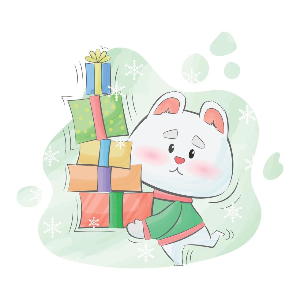 Christmas cute bear watercolor cartoon background illustration vector