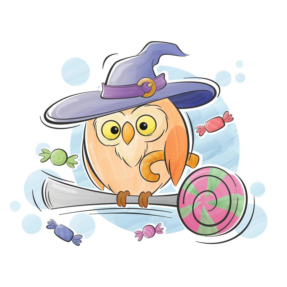 Halloween cute witch owl cartoon watercolor background illustration vector