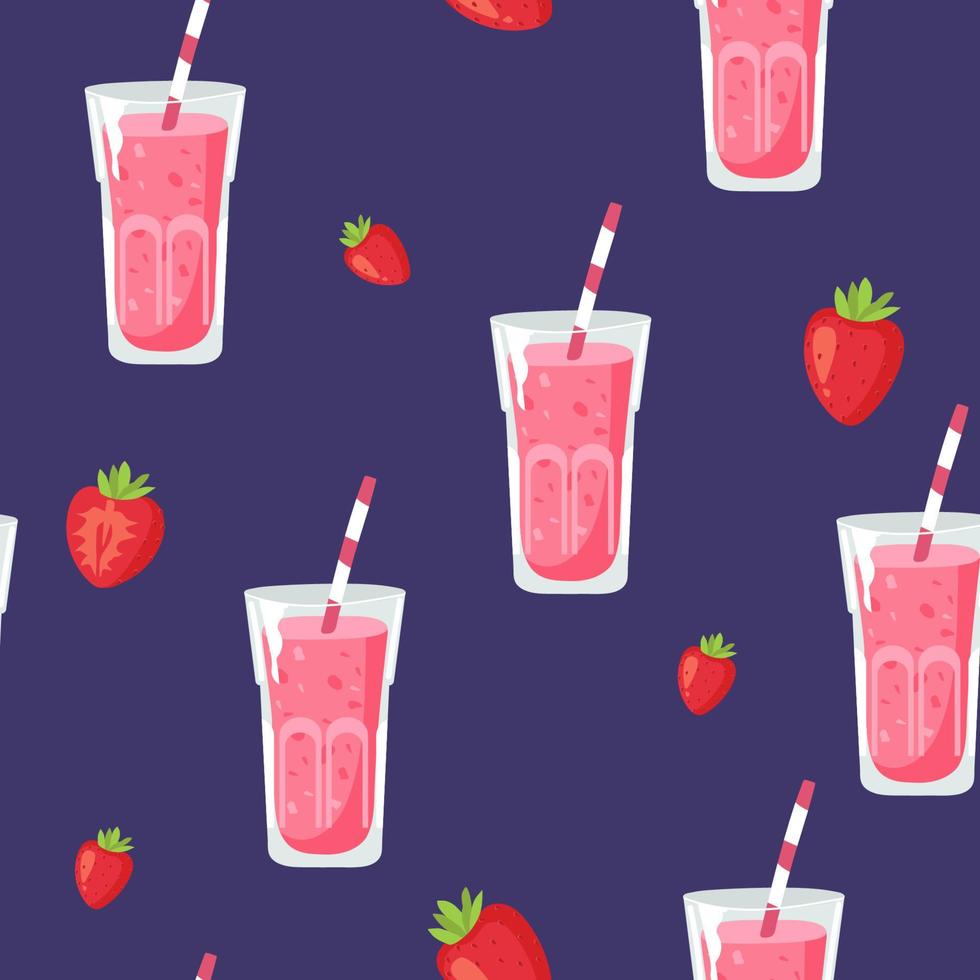 Vector seamless pattern with Milkshake smoothie cocktail glass, milk carton banana and strawberry isolated cocktails . Doodle background with beverages.