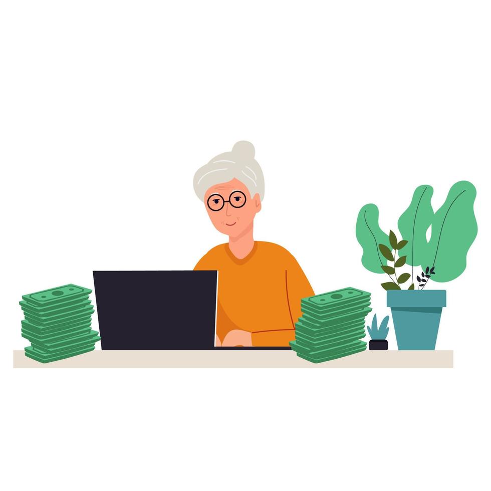 old, old woman earns a lot of money with a laptop. Business grandmother receive good financial online income. Joyful female makes passive profit or gain. pension Get investment dividend earning vector