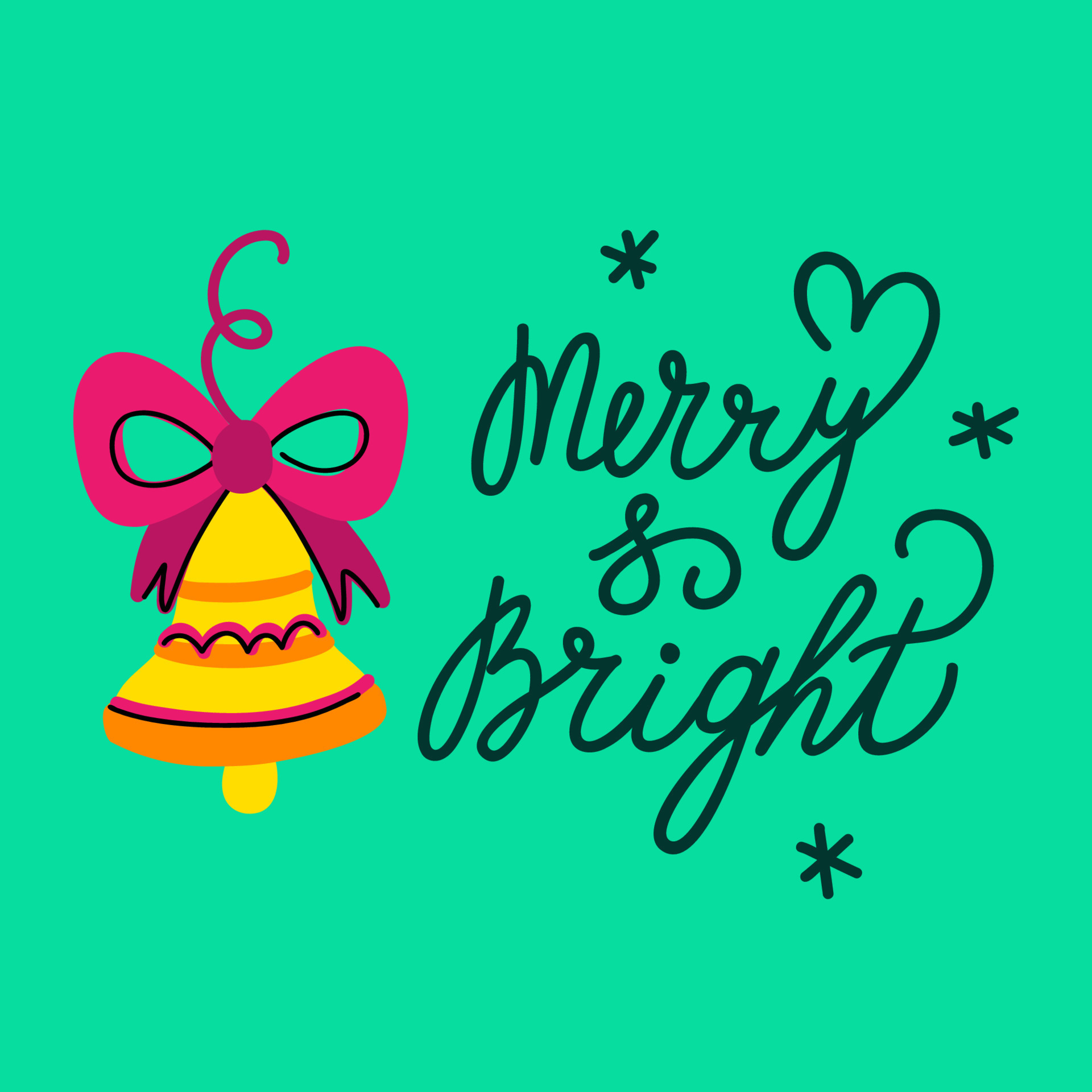 Merry and bright handwritten lettering with bell 13319185 Vector Art at
