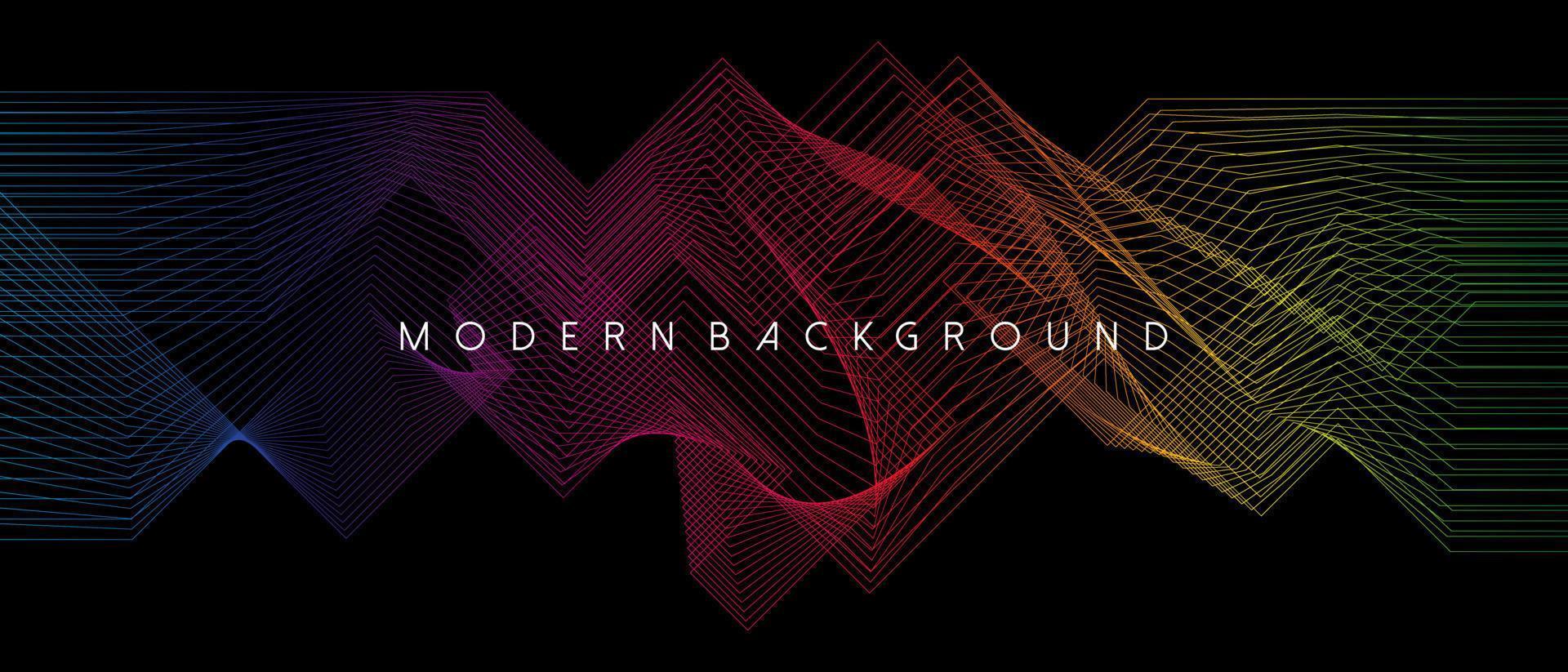 Black background with abstract geometric and wavy lines rainbow color design. Vector illustration
