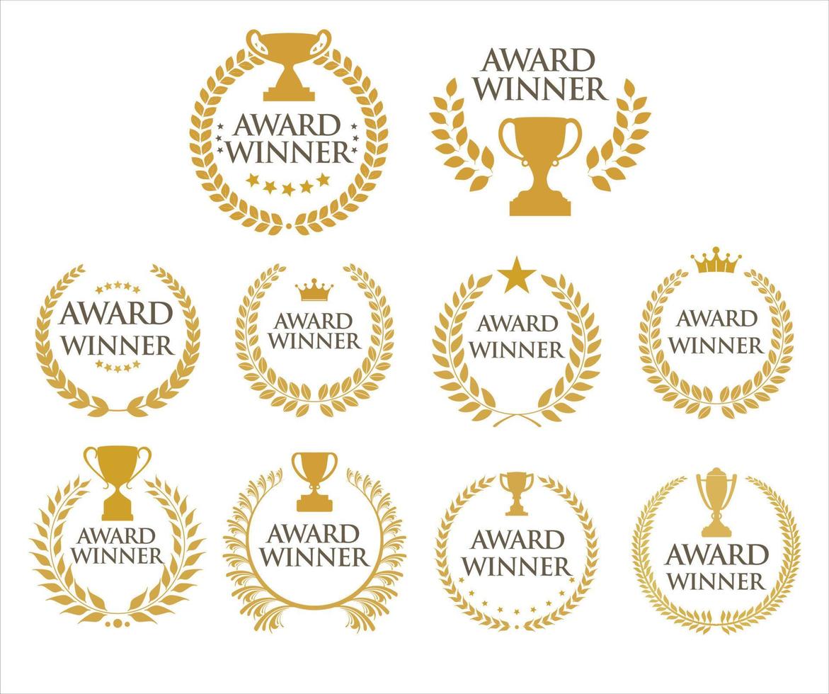 Award Winner emblem collection of gold laurel wreath black text vector