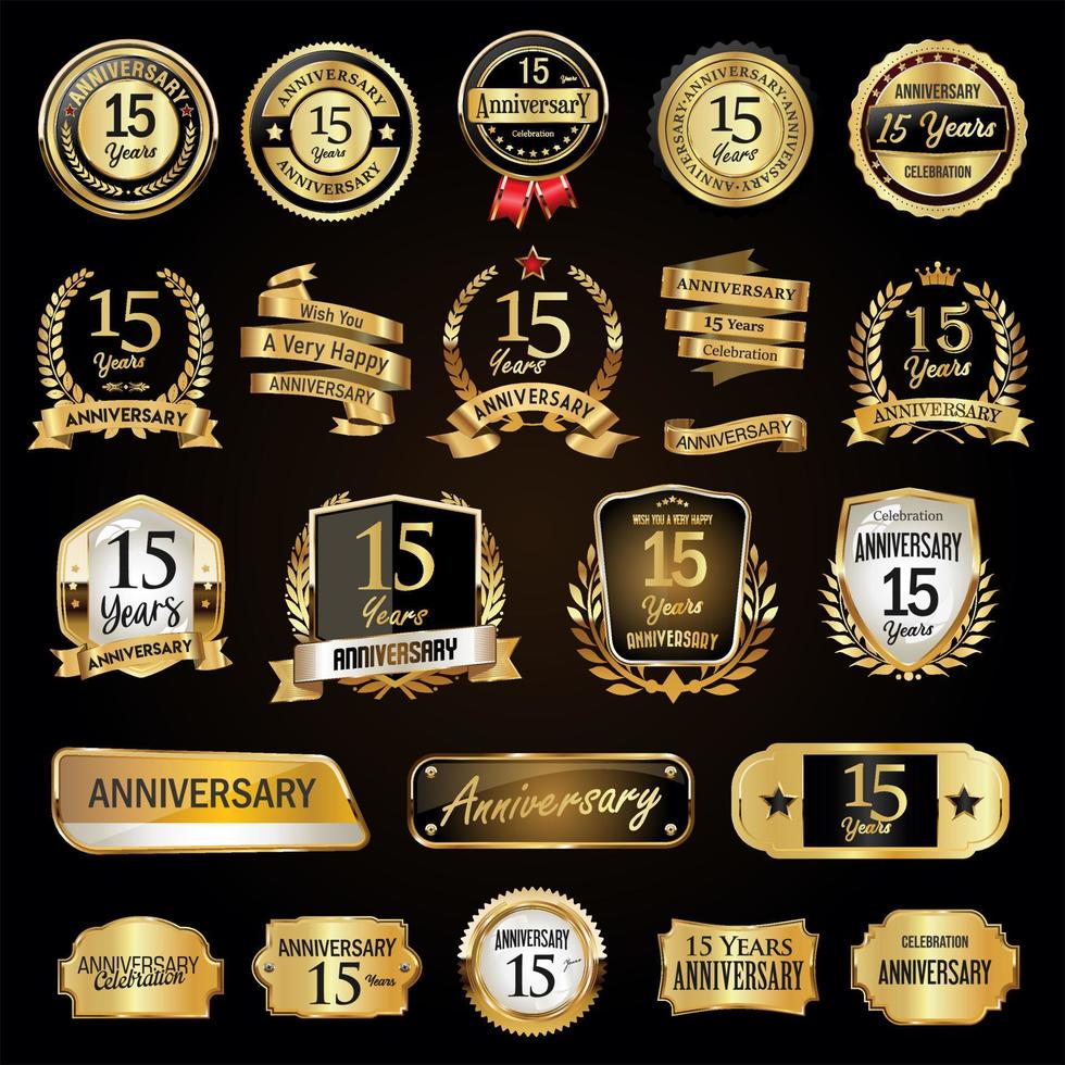 Anniversary retro vintage badges laurels shield metal plates and labels vector illustration