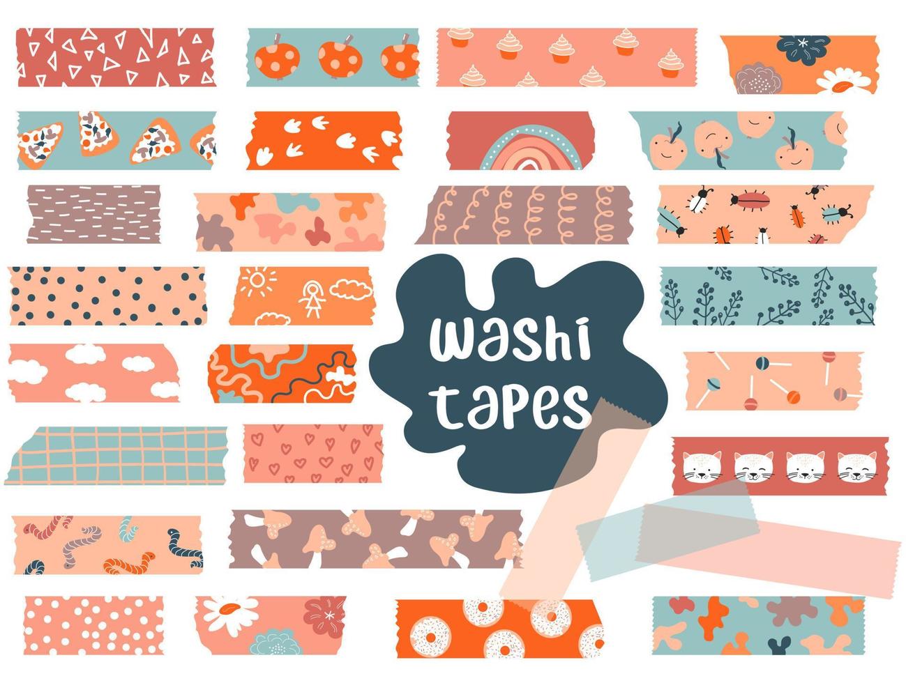 Washi tapes. Vector set pieces of paper with abstract spots, elements, cute apples, beetles, donuts, flowers. Masking tape for frames, scrapbooking, borders, web graphics, crafts, stickers.