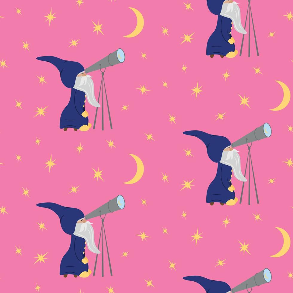 Cute Gnome Stargazer looking on the stars and the moon through a telescope vector