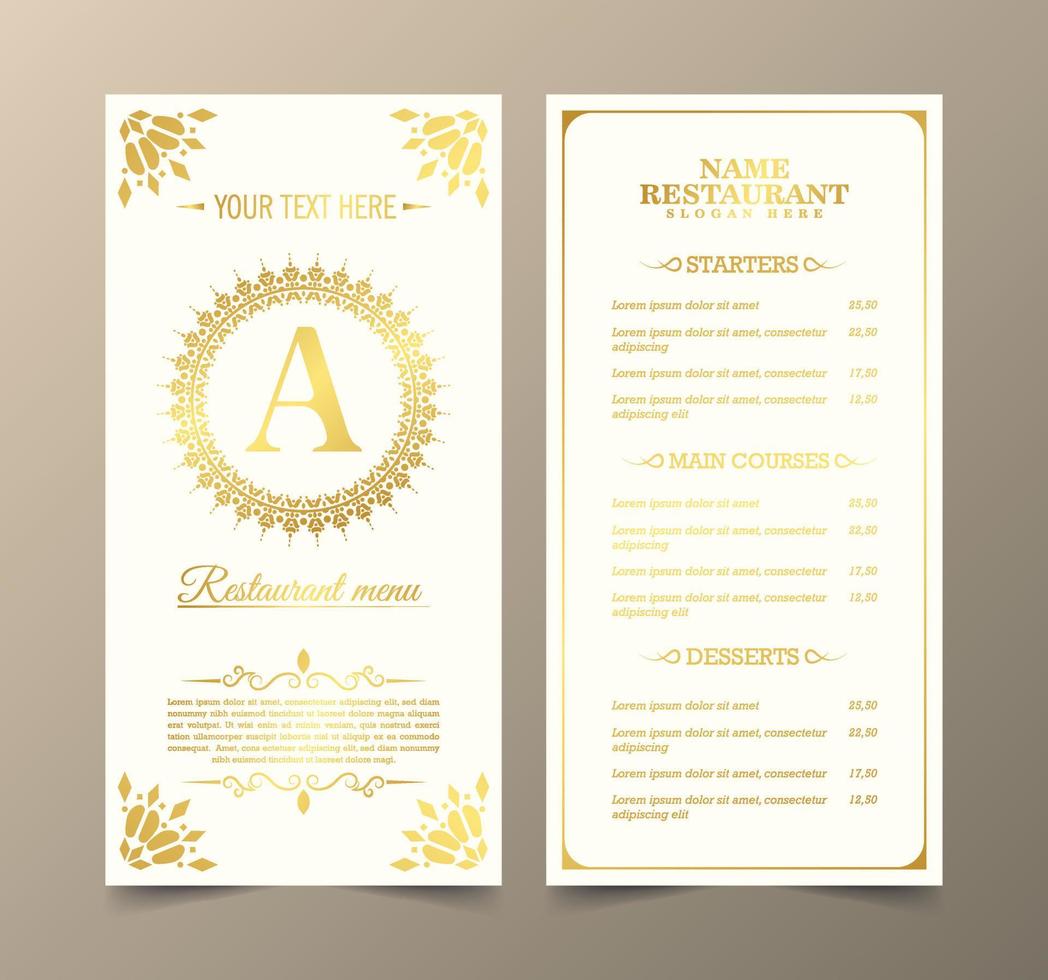 Luxury restaurant menu with elegant ornamental style vector