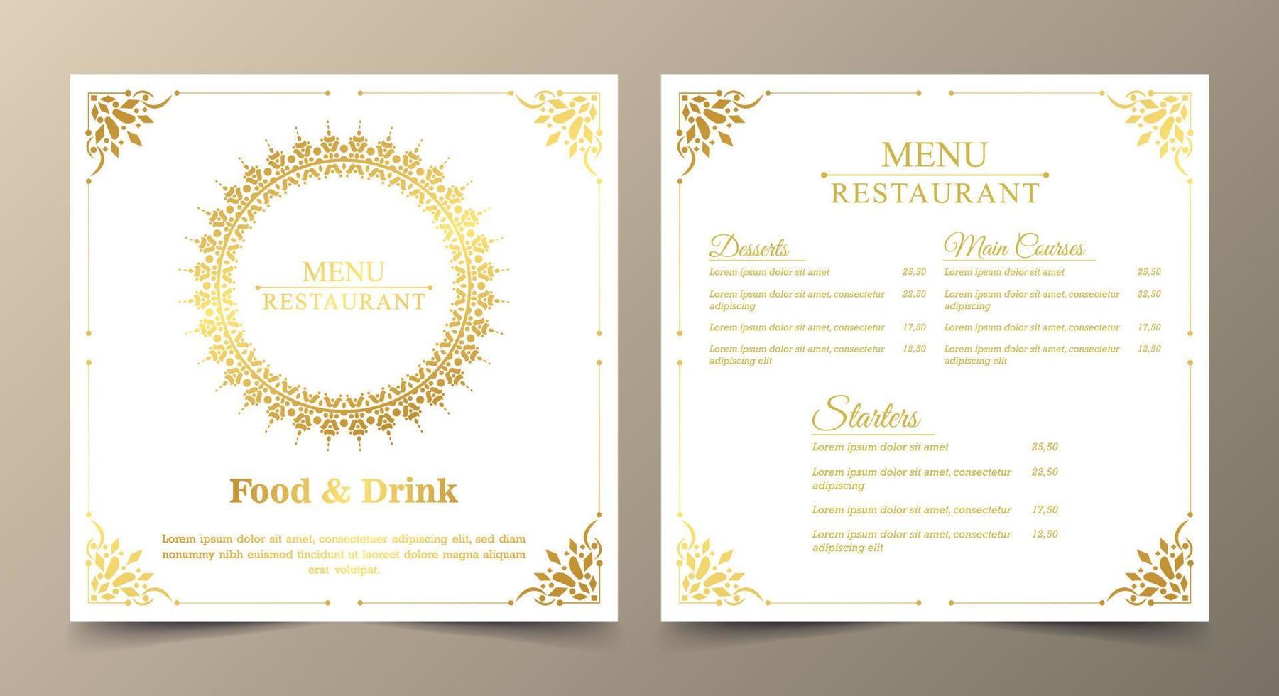 Menú de restaurante de lujo con elegante estilo ornamental. vector