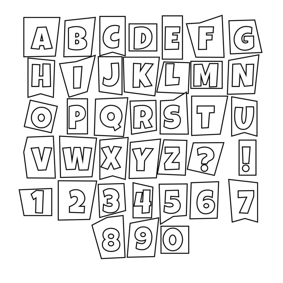 English alphabet with numbers, cut letters in line style. Vector