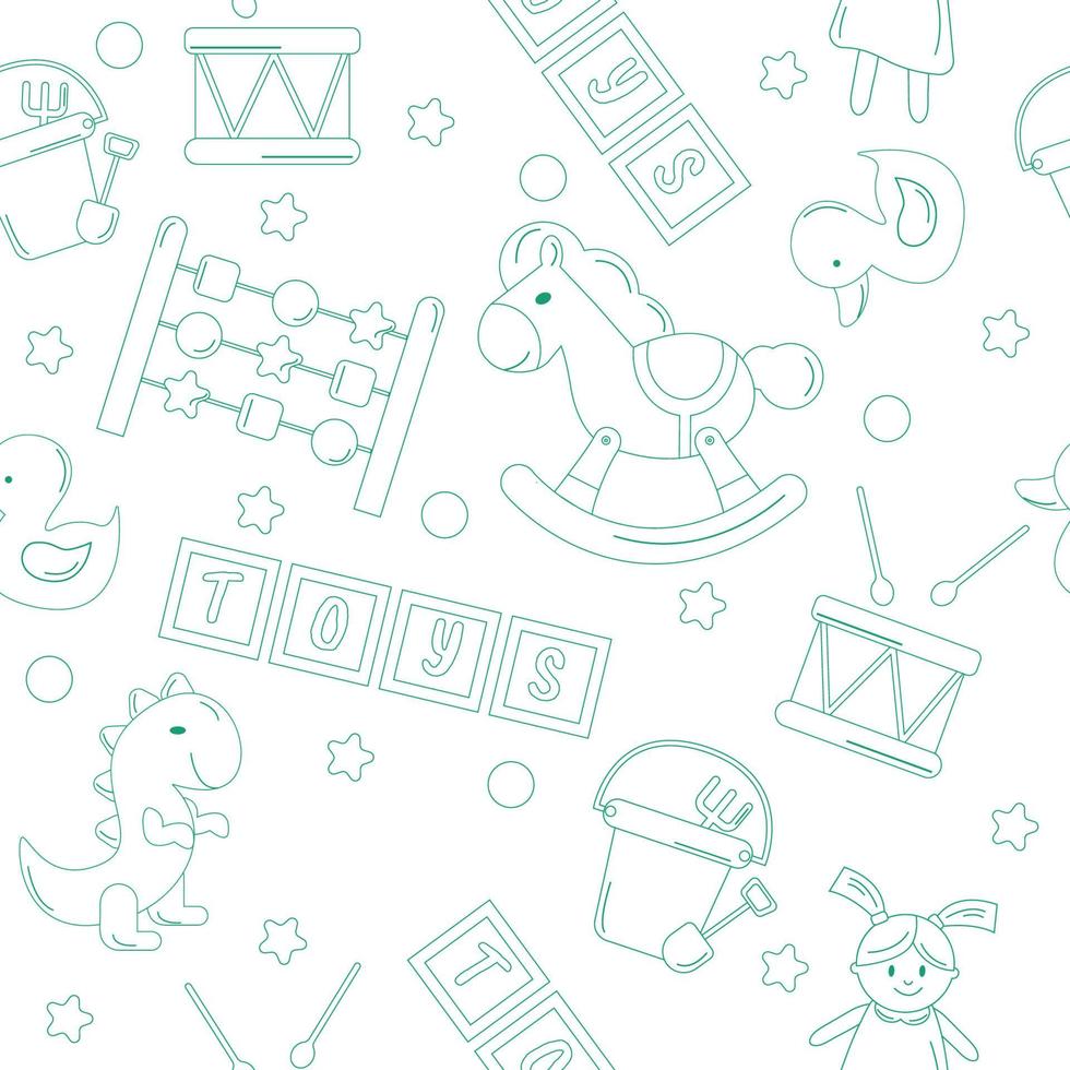 Pattern of children toys in style outline green color. Vector pony, doll, drum