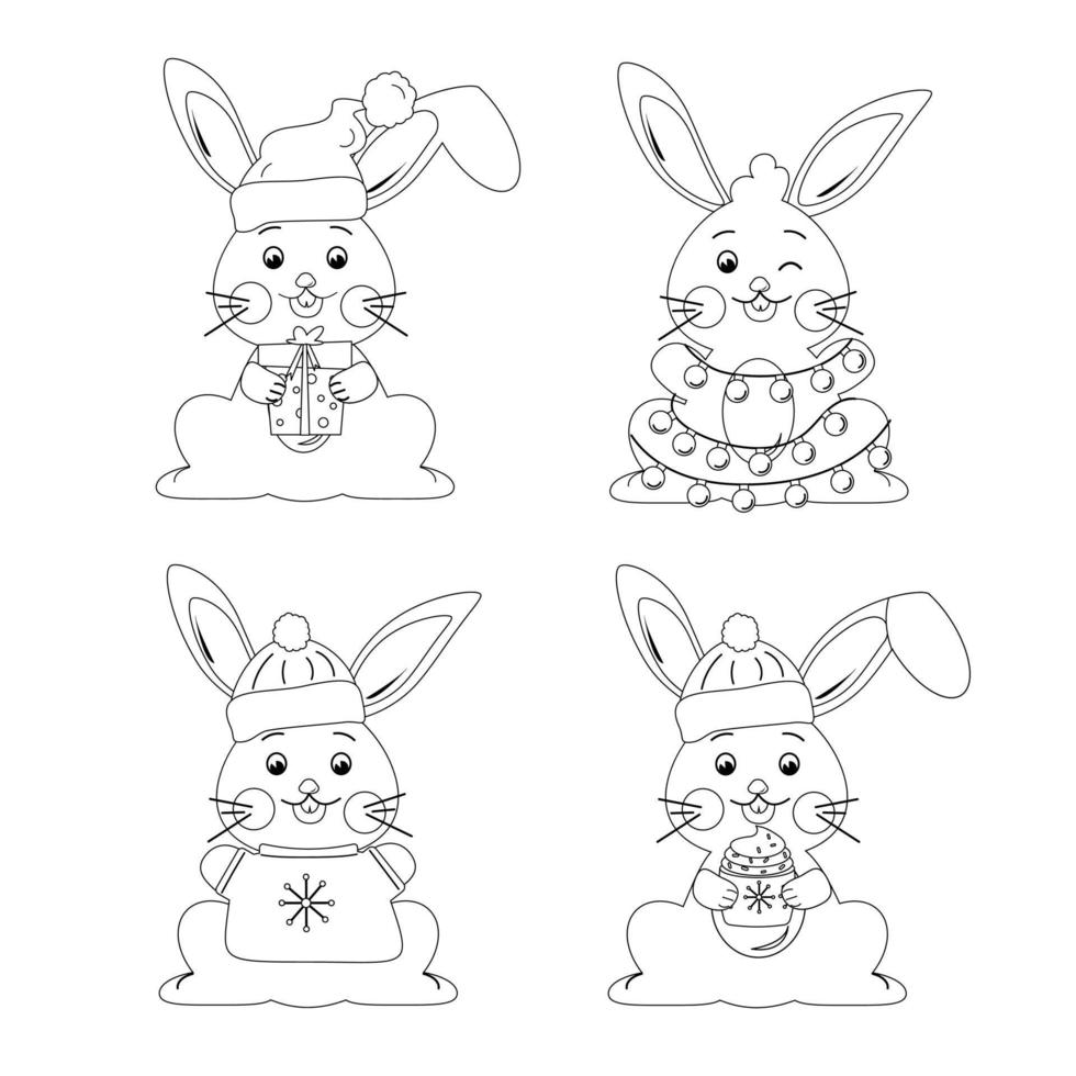 Set of outline sketches of Christmas bunnies. New Year. Vector illustration