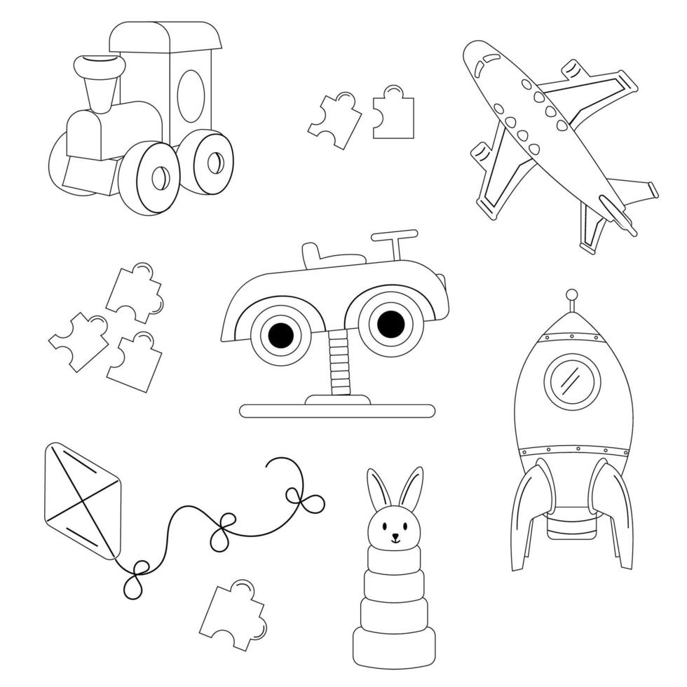 Collection of children's toys outline. Car, steam engine, rocket, aeroplane, hare, kite vector