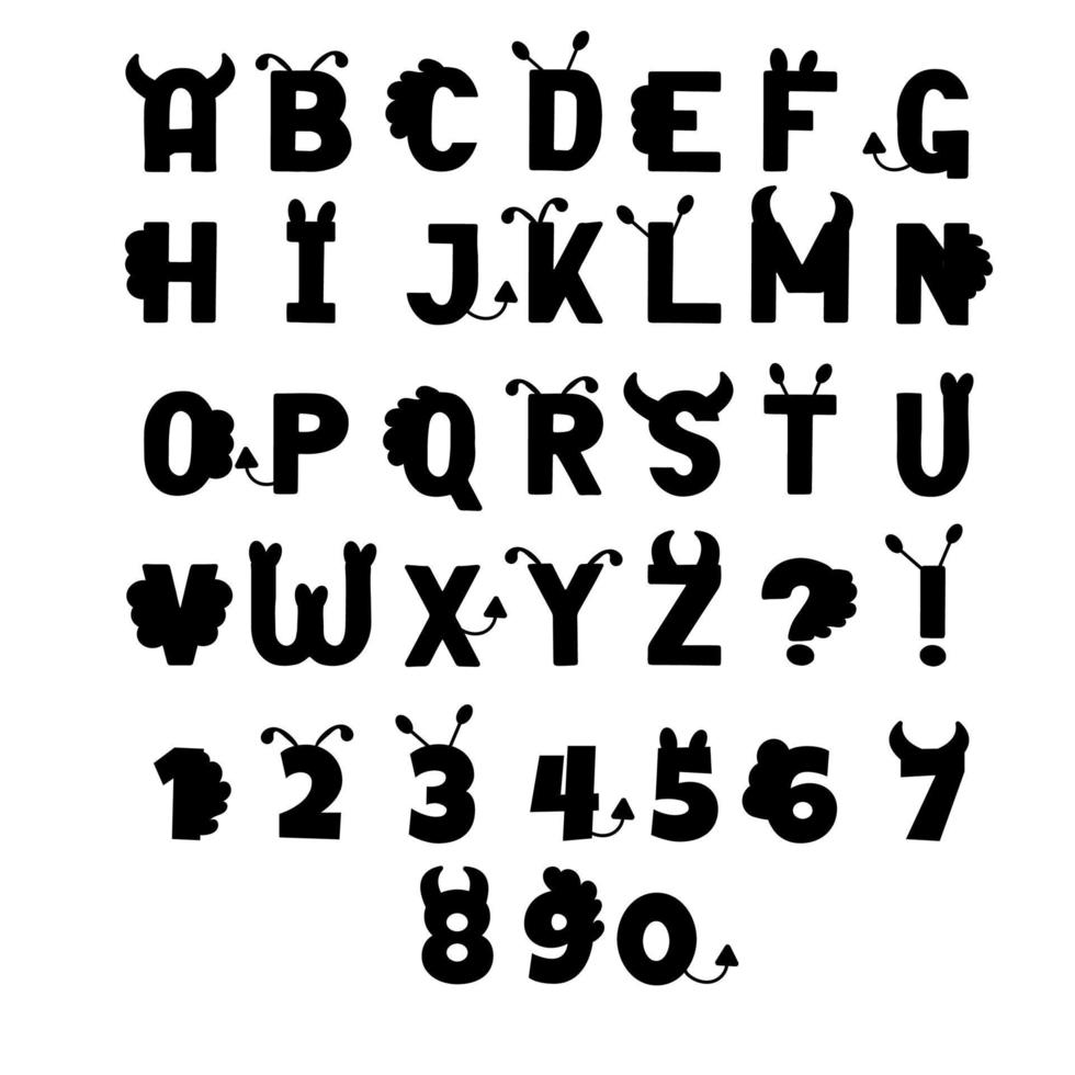 alfabeto infantil inglés con números con caracteres de silueta. ilustración vectorial vector