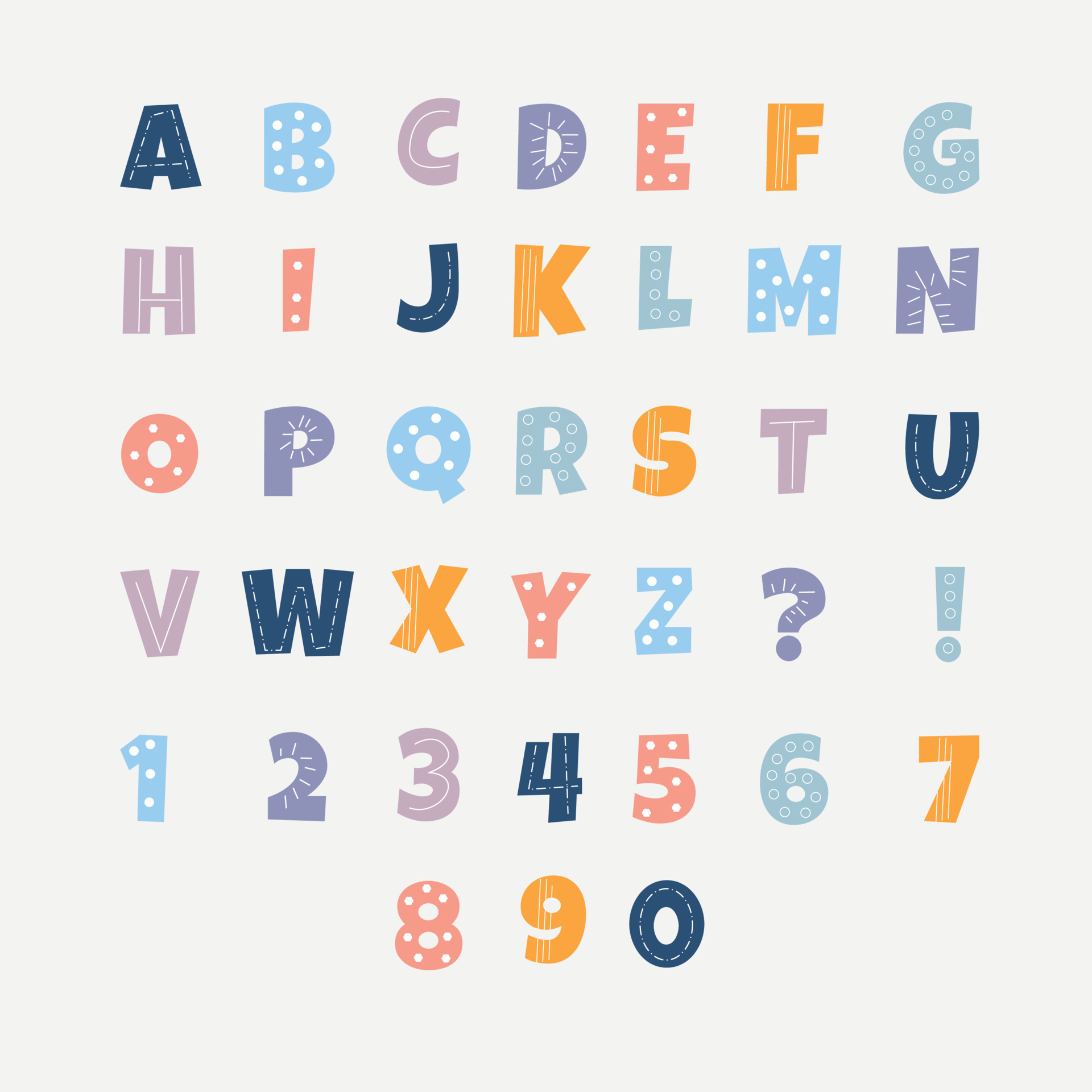 English alphabet with numbers in boho style for children. Vector