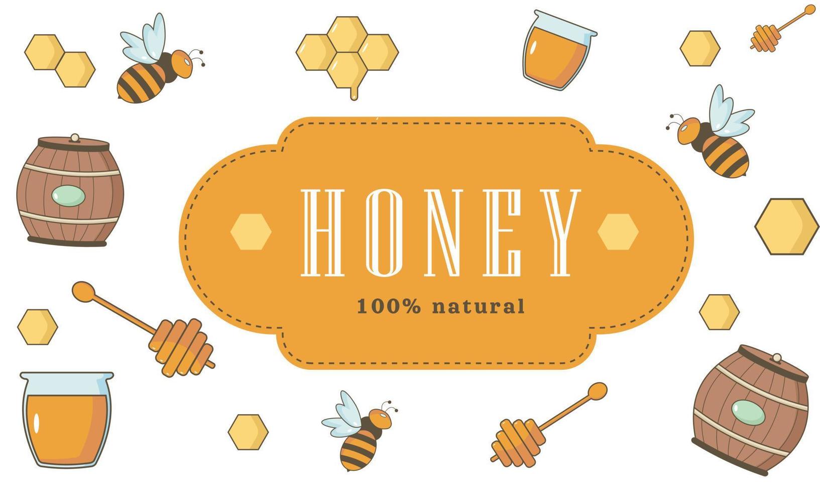 Honey banner, poster, background with bees, barrel, jar vector