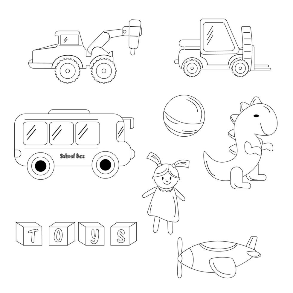 colección de contorno de juguetes para niños. tractor, autobús, muñeca, dinosaurio, pelota, helicóptero, cubos vector