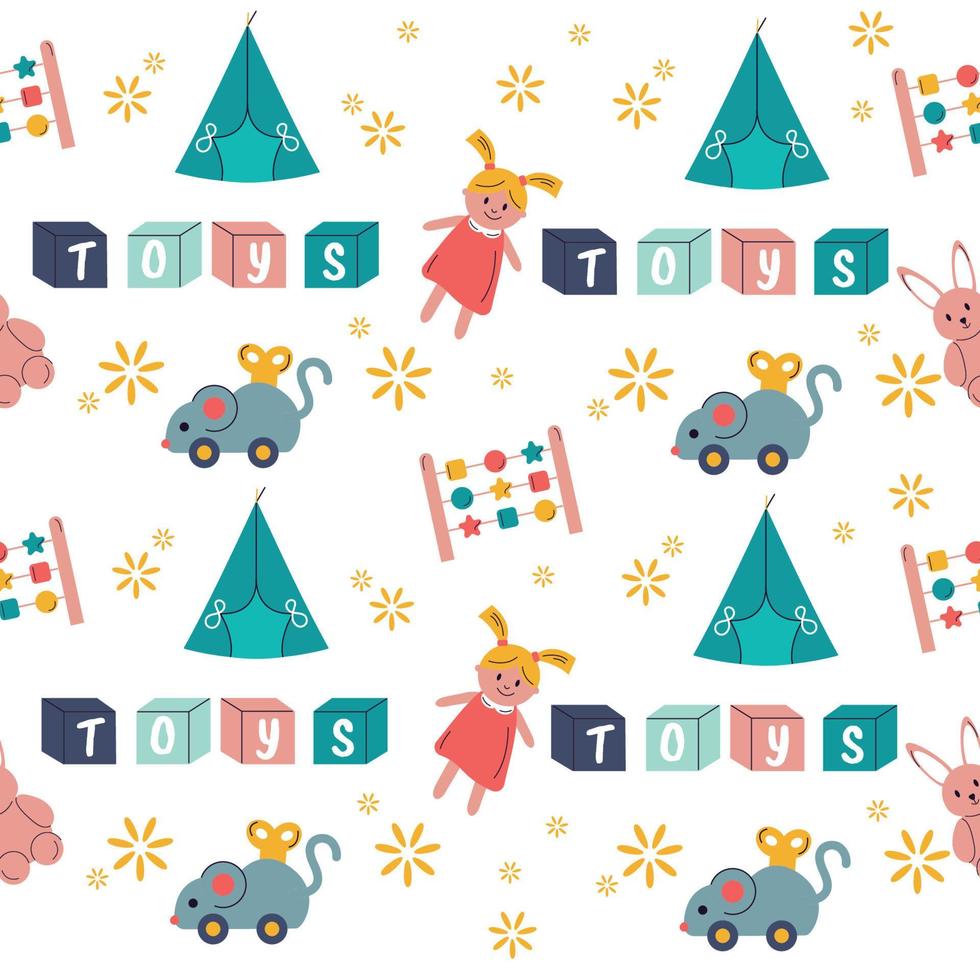 Pattern baby toy doll, cubes, mouse, hare. Vector