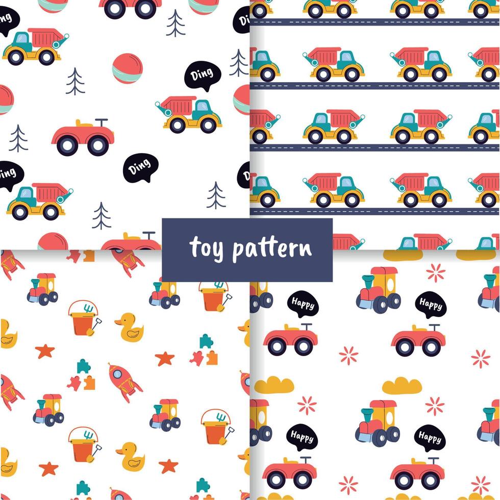 Children's toy pattern set car, ball, rocket, duck vector