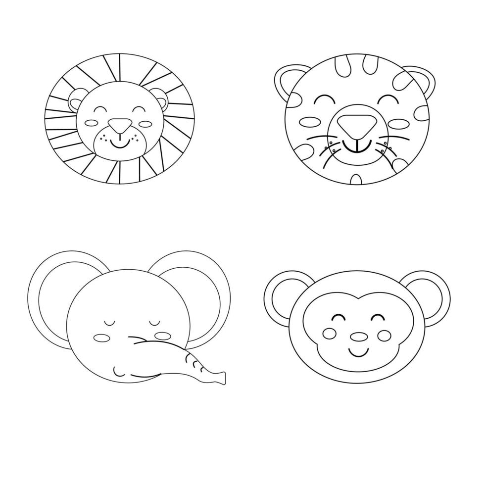 Set of cartoon animals head outline. Vector illustration
