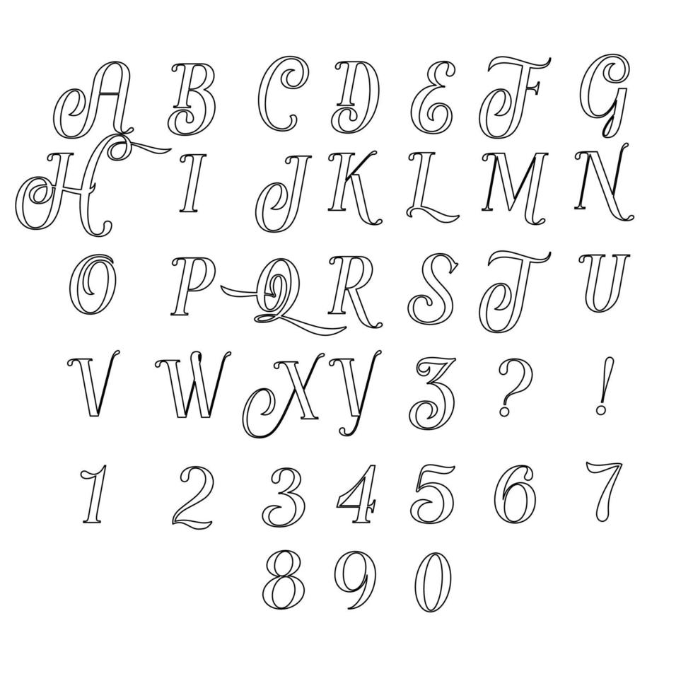 English classical handwritten alphabet with line style numbers. Vector illustration