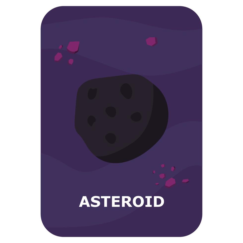 Asteroid. Vector Space flash card. English language game with cute astronaut, rocket, planet, comet, alien for kids. Astronomy flashcards with funny characters. Simple educational printable worksheet.