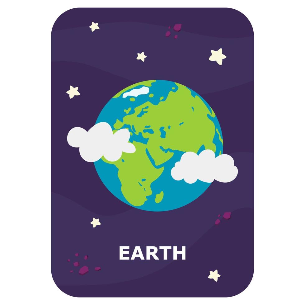 Earth. Vector Space flash card. English language game with cute astronaut, rocket, planet, comet, alien for kids. Astronomy flashcards with funny characters. Simple educational printable worksheet
