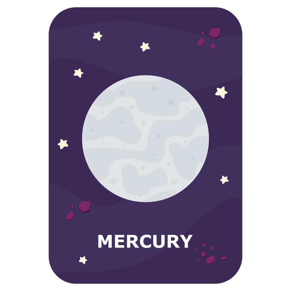 Mercury. Vector Space flash card. English language game with cute astronaut, rocket, planet, comet, alien for kids. Astronomy flashcards with funny characters. Simple educational printable worksheet.