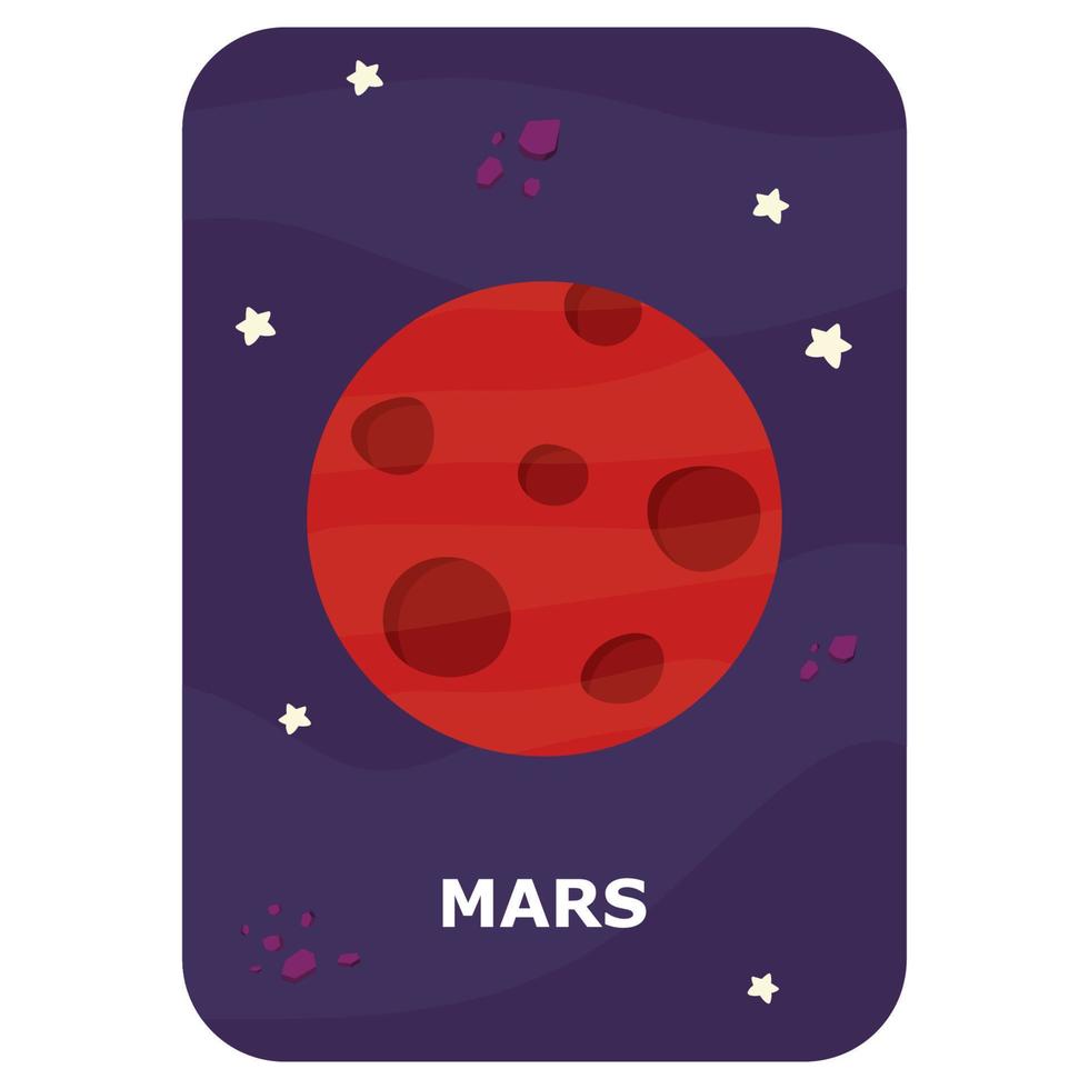 Mars. Vector Space flash card. English language game with cute astronaut, rocket, planet, comet, alien for kids. Astronomy flashcards with funny characters. Simple educational printable worksheet.