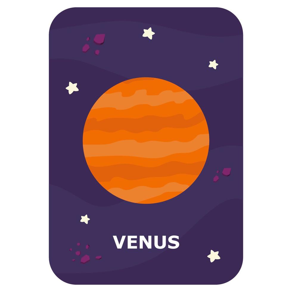 Venus. tarjeta flash de espacio vectorial. juego de idioma inglés con lindo astronauta, cohete, planeta, cometa, alienígena para niños. flashcards de astronomía con personajes divertidos. hoja de trabajo imprimible educativa simple. vector