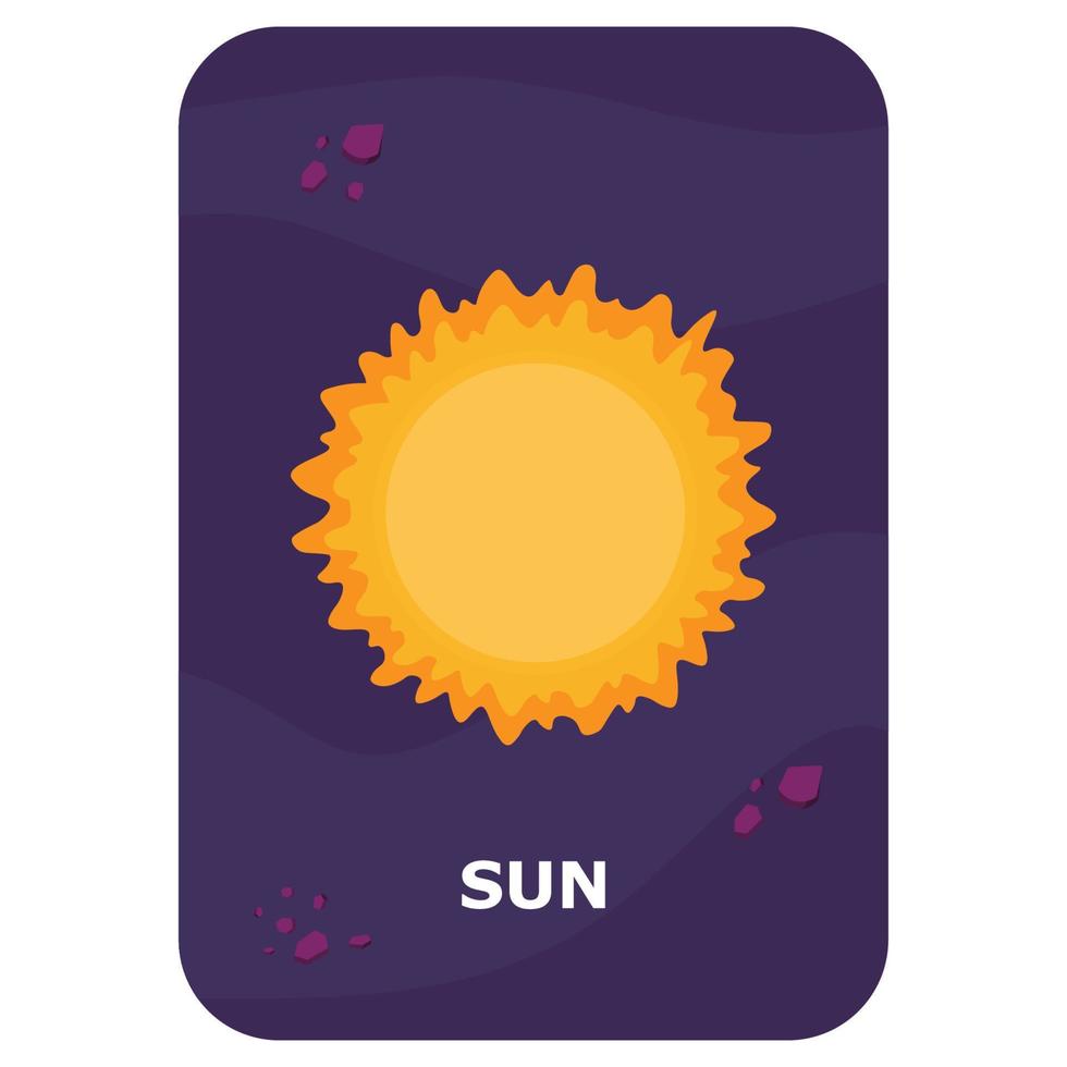 sol. tarjeta flash de espacio vectorial. juego de idioma inglés con lindo astronauta, cohete, planeta, cometa, alienígena para niños. flashcards de astronomía con personajes divertidos. hoja de trabajo imprimible educativa simple vector