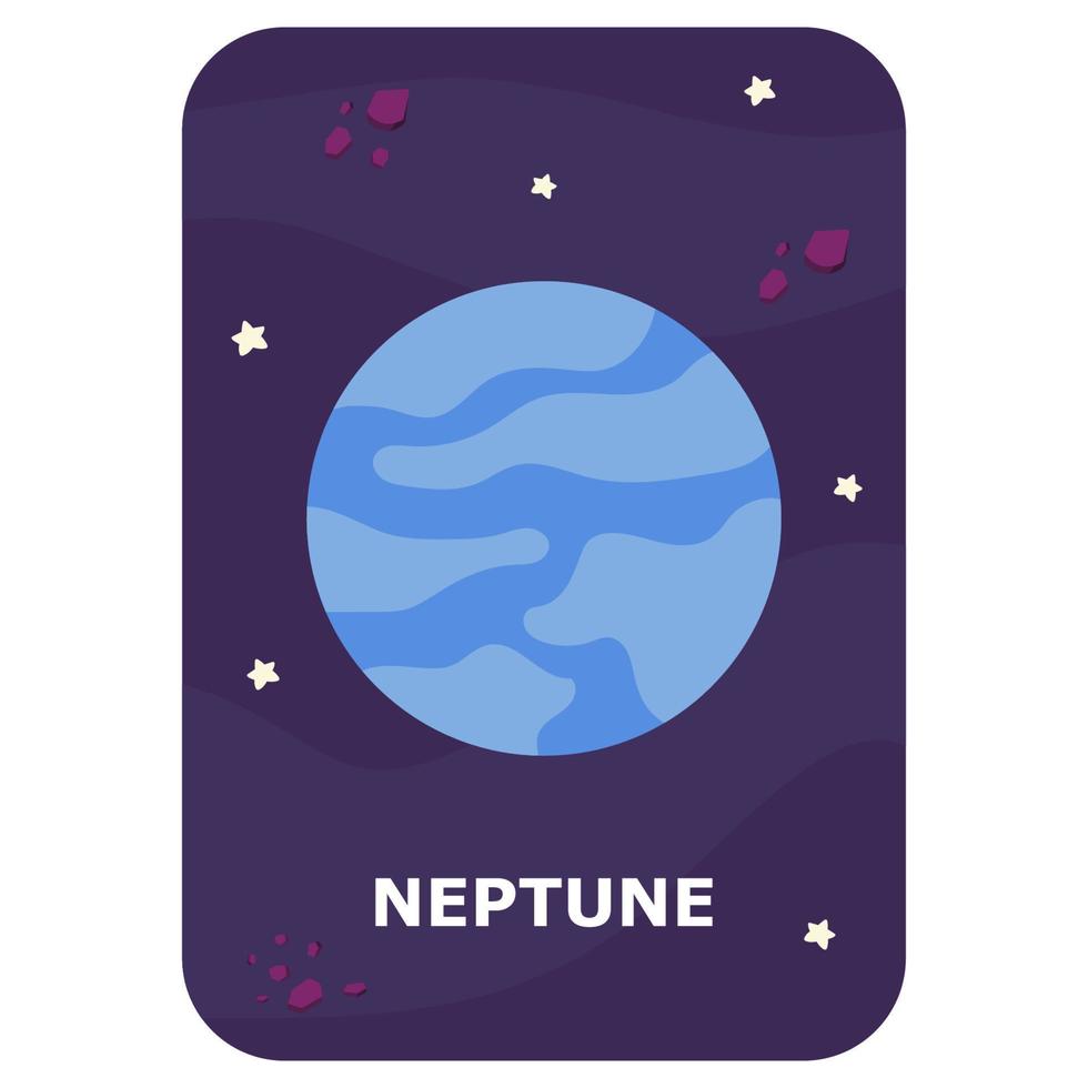 Neptune. Vector Space flash card. English language game with cute astronaut, rocket, planet, comet, alien for kids. Astronomy flashcards with funny characters. Simple educational printable worksheet.
