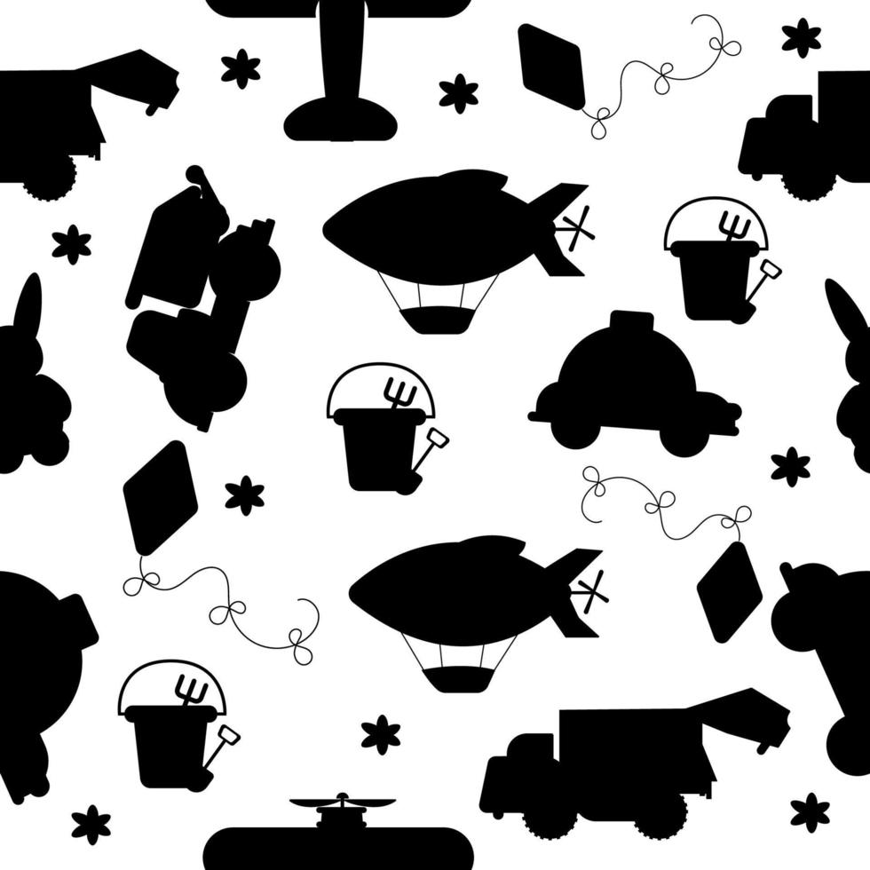 Pattern of children toys silhouette black color. Vector