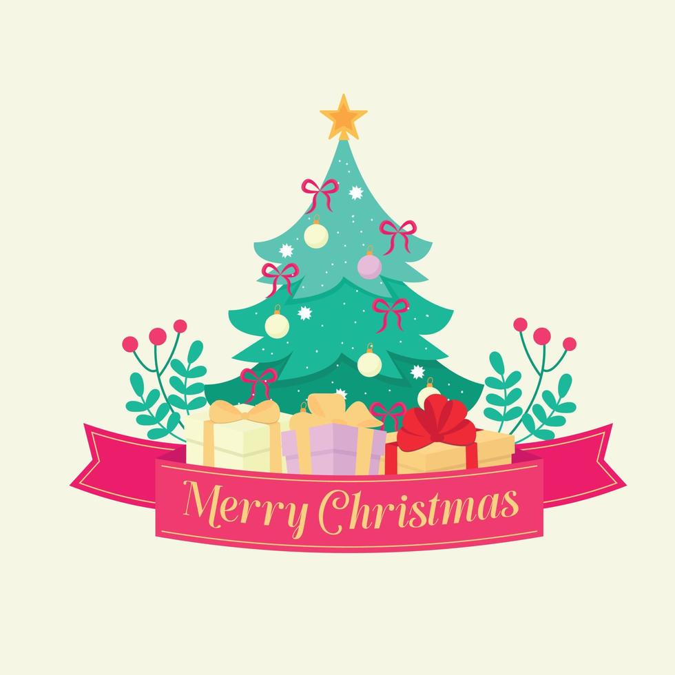 Merry Christmas card with presents and a Christmas tree. Vector illustration