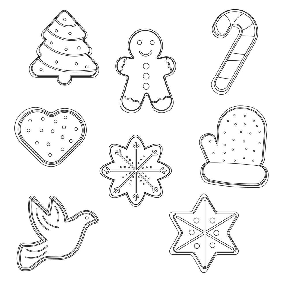 Set of outline gingerbread cookies man, Christmas tree, star, dove, mitten. Vector illustration