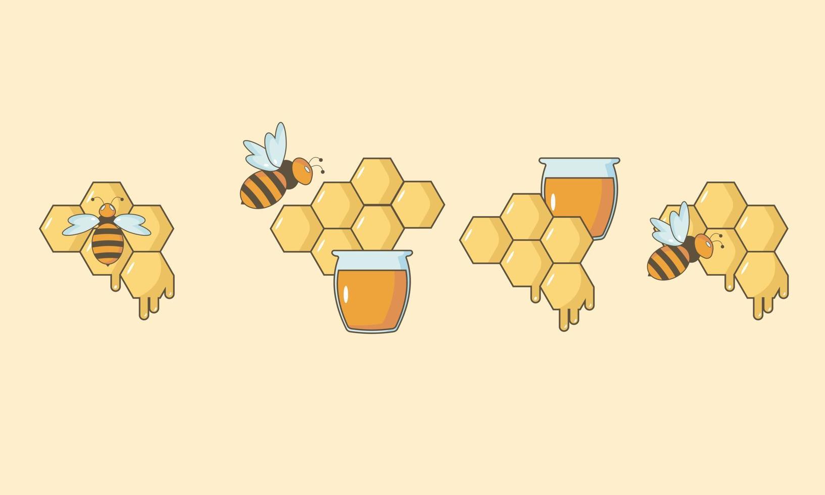 Set of bees with honeycombs and a jar of honey vector