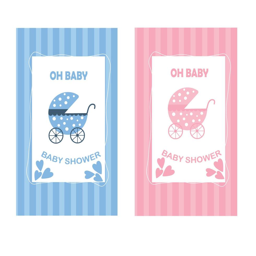 Baby shower, holiday invitation. Boy, child, date and time. Little kid's party. Baby stroller. Oh baby vector