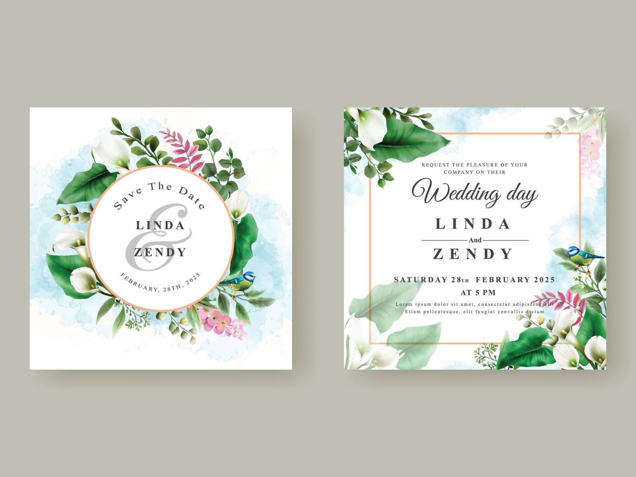 wedding invitation card with greenery floral vector