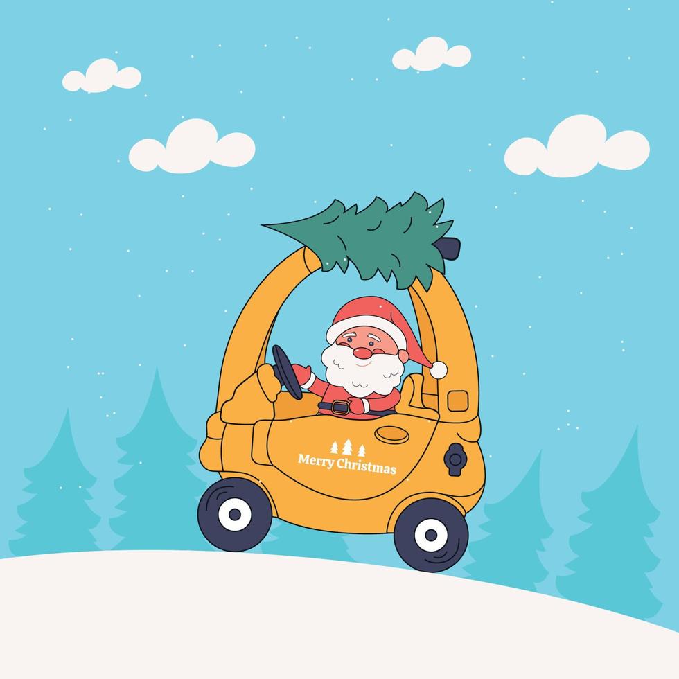 Santa Claus cartoon car with Christmas tree. Vector illustration