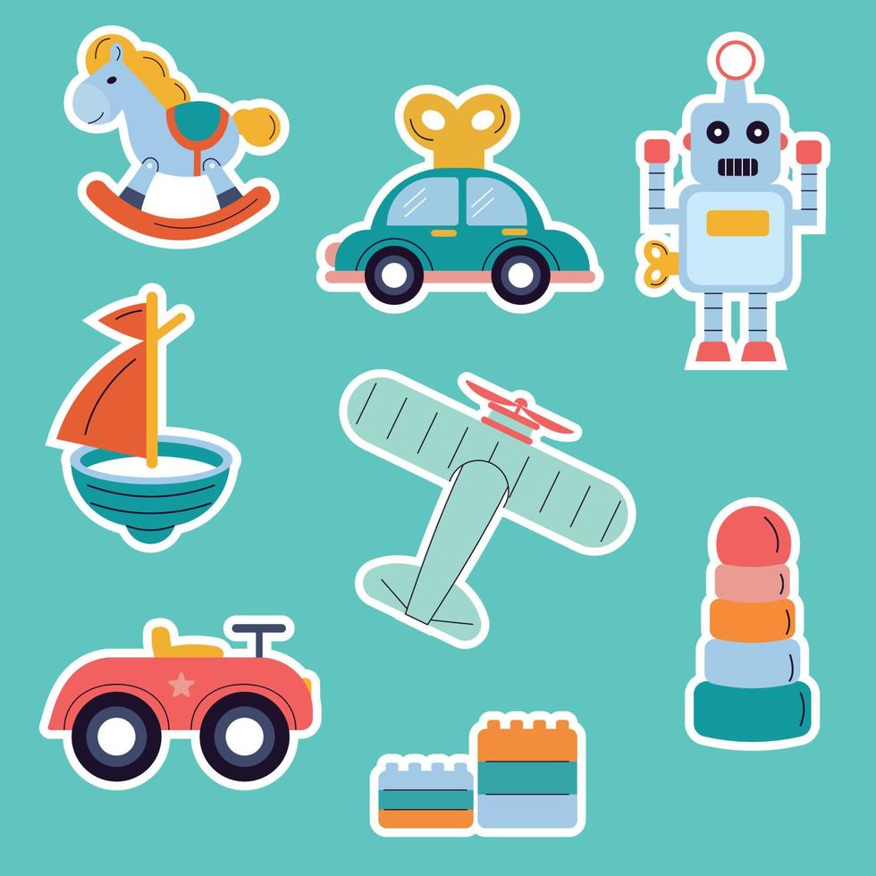 un juego de pegatinas para juguetes infantiles. coche, barco, pony, robot  13319733 Vector en Vecteezy