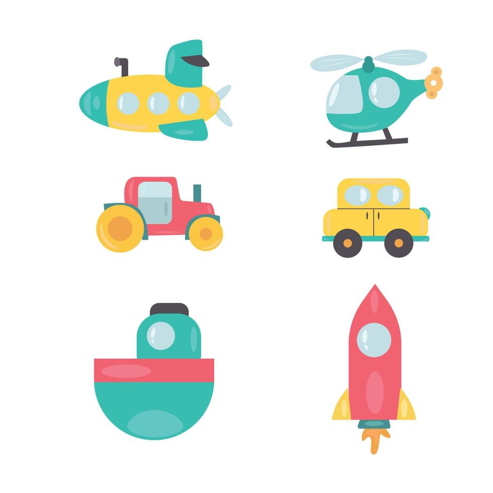 A set of transport. A set of children's transport. Rocket, car, boat, tractor and helicopter. Print for clothes, T-shirt or bedding. Patterns. vector