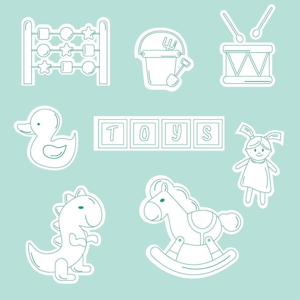 un conjunto de pegatinas para el contorno de los juguetes de los niños. poni, muñeca, dado, pato, dinosaurio, tambor vector