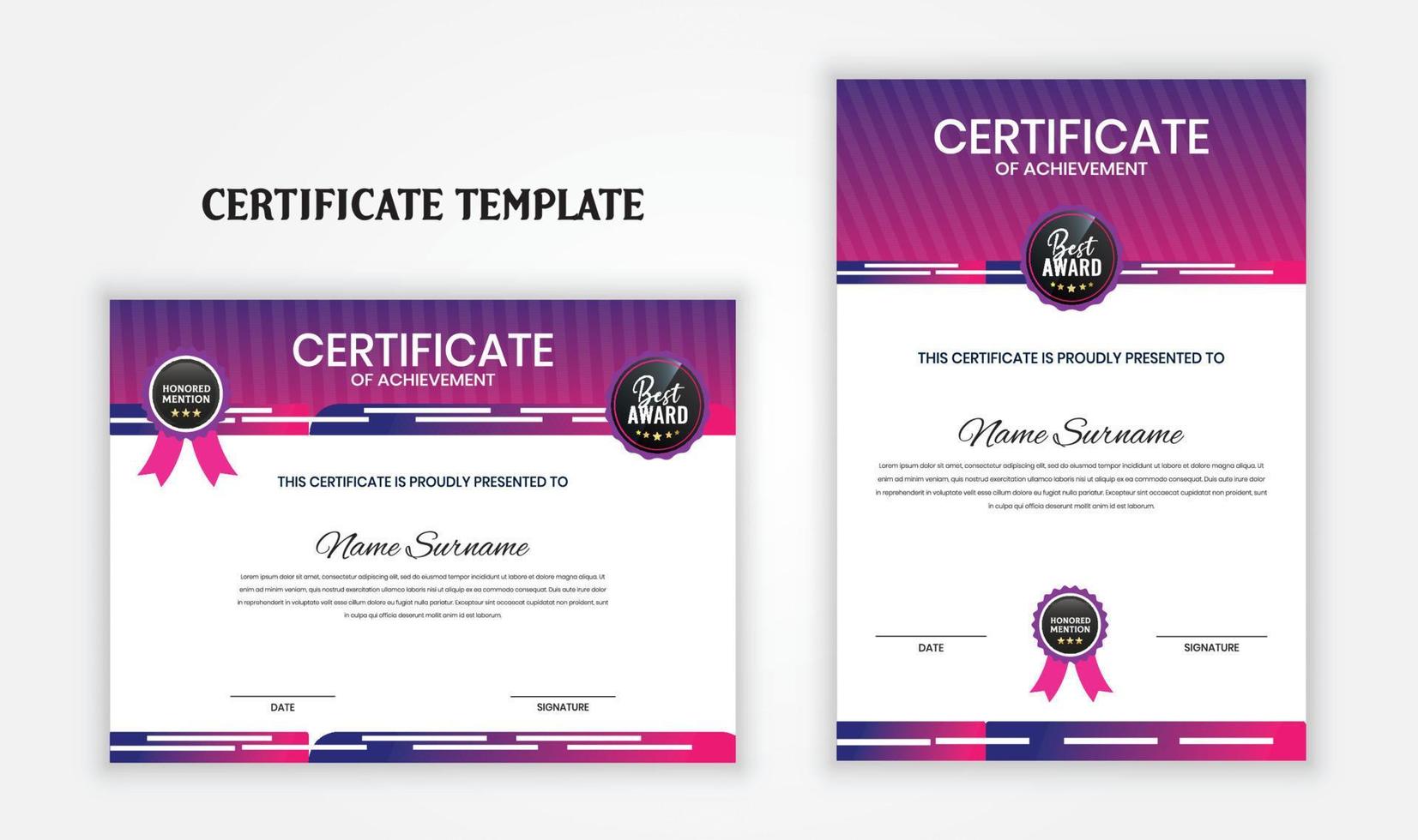 Elegant and abstract certificate of achievement template with black luxury badge. Certificate set for award, diploma, graduation, organization, corporate. vector